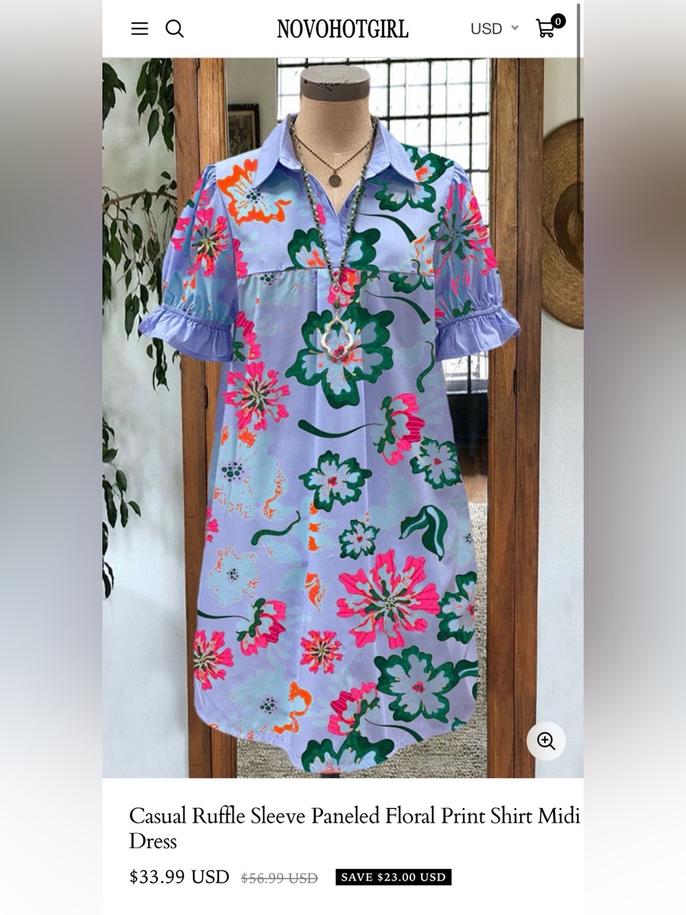 Light lavendar Floral Collared knee length dress with Pink and green